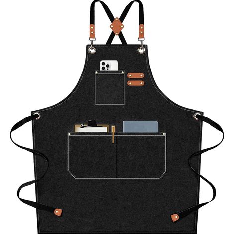 Unisex-Kochschürze mit großen Taschen, gekreuzten Riemen aus dickem, verstellbarem Baumwoll-Canvas, Arbeitsschürze für Küche/Café (schwarz).