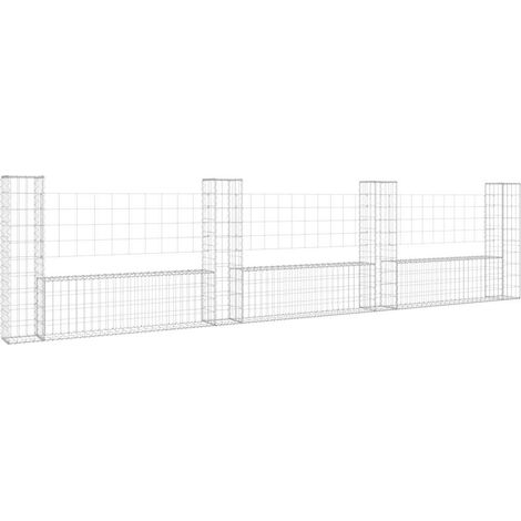 vidaXL Cesto Gabbione a U con 4 Pali in Ferro 380x20x100 cm