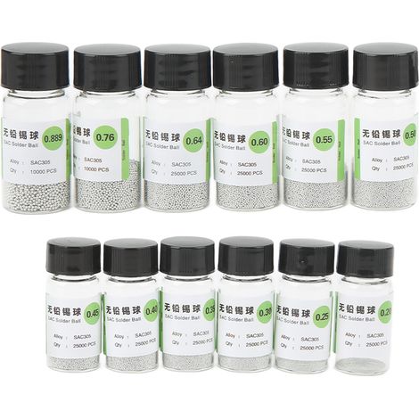 Lot de 12 flacons de billes de soudure sans plomb BGA, diamètres 0,2 à 0,889 mm, pour réparation électronique (1/5)
