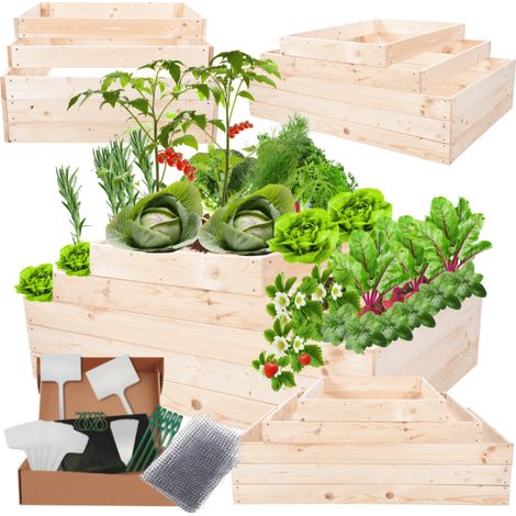 MODO24 ZP09 Carré potager surélevé en escalier modulable, bois de pin, herbes/légumes, jardin/terrasse/balcon, 45x117x60 cm, naturel