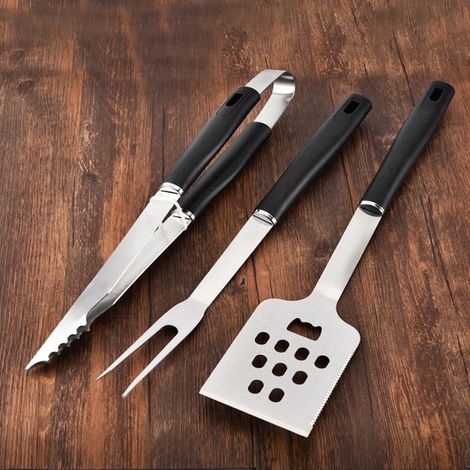 Ensemble de 3 accessoires de barbecue en acier inoxydable pour barbecue de camping et cuisine : spatule, fourchette et pince.-AquaForge