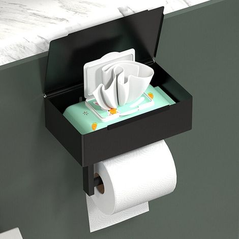 Toilet paper holder without drilling, toilet paper holder with wet wipes box, toilet paper holder with drawer storage, paper holder for toilet and bathroom, wall mounting (matte black) MUMU (1/3)
