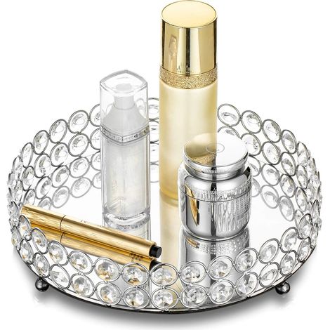 Plateau décoratif en métal argenté pour coiffeuse ou maquillage, diamètre 25 cm (1/5)