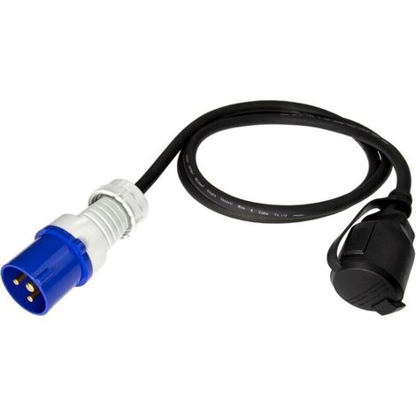 Adaptateur CEE mâle vers Prise Schuko Femelle – Rallonge 1,5m Camping IP44 – Câble H07RN-F 3G2,5 – 230V 16A pour Caravane, Camping-Car, extérieur