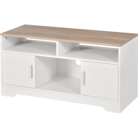 Modernes TV-Lowboard Weiß für TV bis 50 Zoll mit offenen Regalen, Stauraum und Kabelmanagement