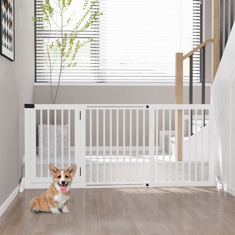 Cancelletto di sicurezza per cani PawHut, autoportante, lunghezza regolabile, con serratura integrata, dimensioni: 113-166L x 36W x 71H cm, pino bianco