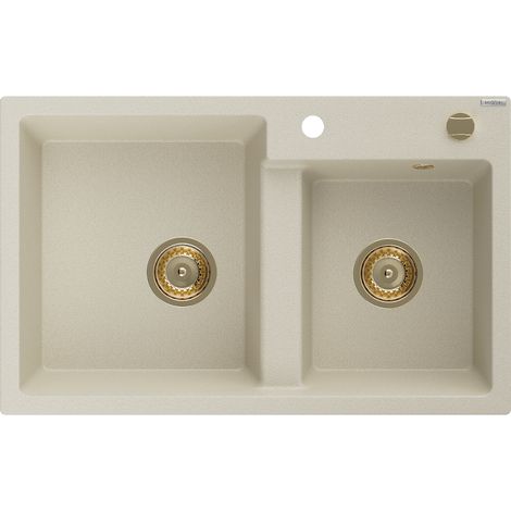 Mexen Tomas fregadero de granito de 2 cubetas 800 x 500 mm, beige, sif贸n dorado - 6516802000-69-G