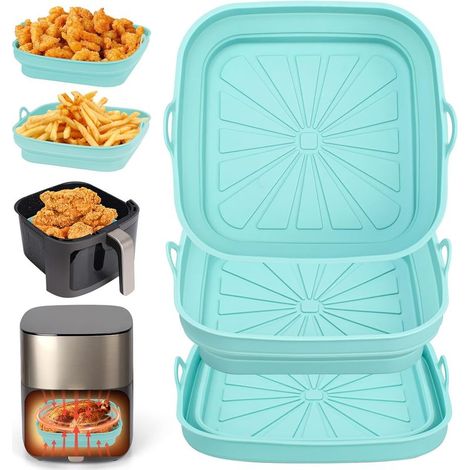Moule Silicone Air Fryer, 3 Pièces Moule Panier Friteuse à Air Chaud Réutilisable Airfryer Plat Carré Pliable Doublure Liners pour Friteuse Air, Micro-ondes, Four (Bleu) (1/5)