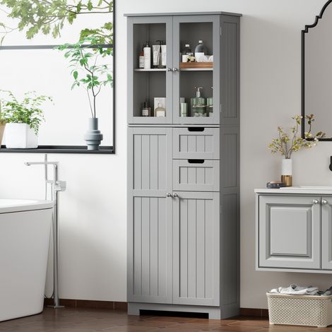 HOMCOM Meuble de salle de bain haut, meuble de rangement, colonne salle de bain avec 4 portes dont 2 vitrées, 2 tiroirs et étagères réglables, style moderne, pour salon, chambre, 60x30x170cm, gris