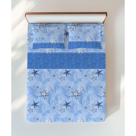 Ensemble de draps étoile de mer bleu – Motif corail et étoile – 100 % coton – Fabriqué en Italie, lavable 2 PLACES