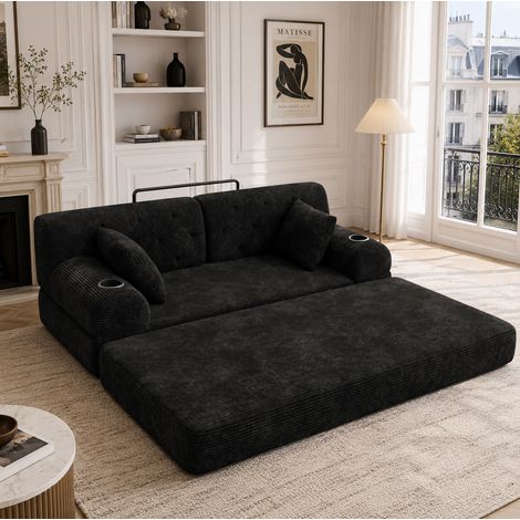 2-Sitzer-Schlafsofa aus schwarzem Cord mit hoher Rückenlehne, 4 Taschen, 2 Becherhalter HAVRYA (1/5)