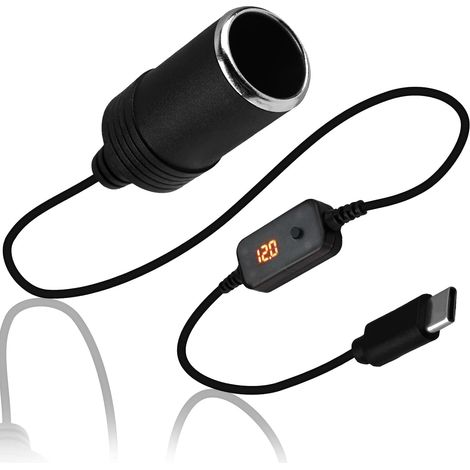 Adaptateur USB C mâle vers prise allume-cigare 12 V avec affichage LED et interrupteur, tension réglable 5 V, 9 V, 12 V, 15 V, 20 V, adaptateur allume-cigare USB C pour GPS, caméra embarquée, chargeur (1/5)