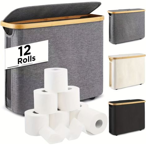 Panier de rangement pour papier toilette, étagère WC sur pied pour salle de bain ou WC invités, panier avec couvercle en bambus, boîte de rangement, noir (1/5)