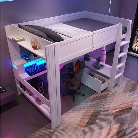 Lit mezzanine moderne 140x200 cm en pin et MDF blanc, avec bureau, tiroir, étagères et LED (1/5)