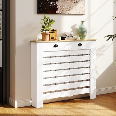 Couvercle radiateur cache radiateur lattes horizontales 2 tiroirs 111x19x95,5 blanc (1/5)