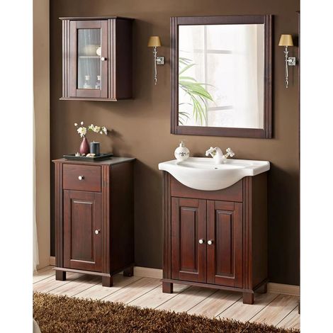 Badezimmer Badmöbelset inkl. 65 cm Keramik-Waschbecken AVEIRO-56 im Landhausstil, Pinie Massivholz braun, B/H/T ca. 150/180/44cm (1/5)