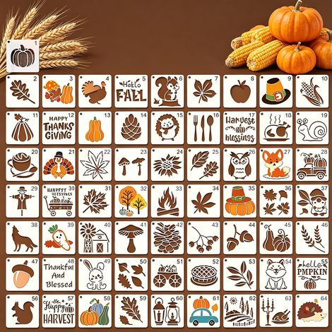 Lot de 64 pochoirs d'automne de 7,6 cm, réutilisables, avec citrouille, feuille d'érable, dinde et motifs d'automne pour peinture sur bois, tissu, mur et papier (1/5)