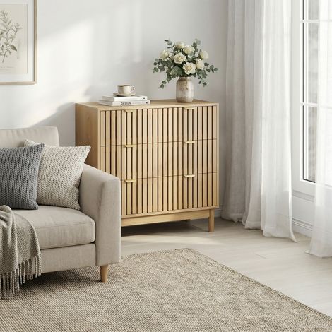 Commode 3 tiroirs effet chêne, meuble de rangement bois style rétro campagne pour chambre, salon, couloir ou coin coiffeuse