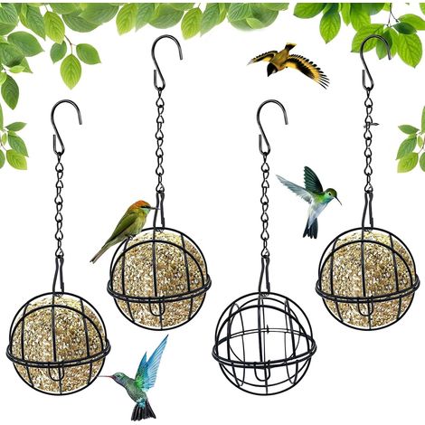 Lot de 4 mangeoires à boules de graisse pour oiseaux avec 4 crochets en forme de S en métal pour extérieur, jardin, faune, oiseaux, pinson, moineau, rouge-gorge (1/5)