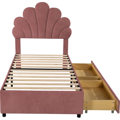 CAIziLit rembourré pour enfant 90 x 200 cm, cadre de lit avec tête de lit fleurie et sommier à lattes, avec 2 compartiments de rangement, lit fille/lit d'appoint en velours doux pour la peau, rose (1/5)
