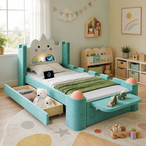 Lit simple enfant 90x200 cm en velours bleu-vert, avec rangement, pour chambre FloraGrace (1/5)