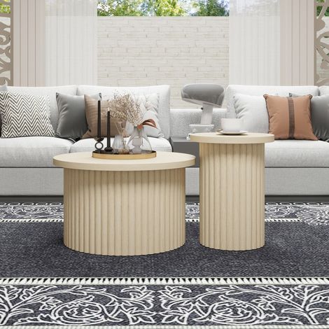 Ensemble de 2 tables basses rondes aspect bois naturel et structure ondulée – table d'appoint intégrée, idéale pour le salon, la chambre, le bureau ou le bureau. (1/5)