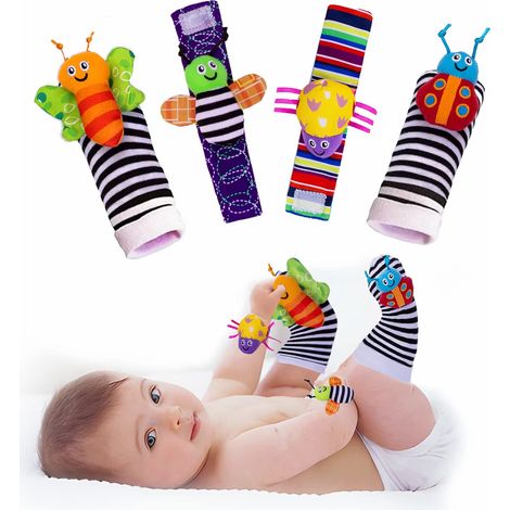 Ensemble de 4 pièces pour bébé : hochet de poignet et chaussettes de détection de pieds, jouets sensoriels avec hochets et motifs d'animaux pour les bébés de 0 à 24 mois