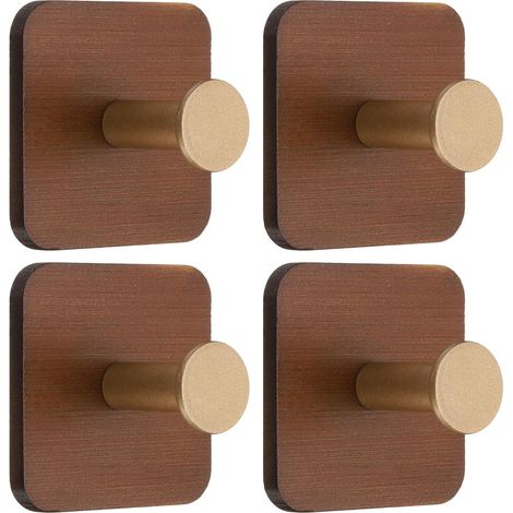 Portemanteaux adhésifs muraux en bois, lot de 4, crochets lourds serviettes/manteaux, marron/doré (carré) (1/5)