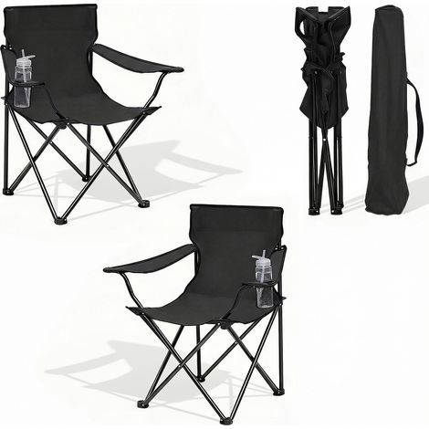 Chaise de Jardin Pliable – Capacité 140 kg, Tissu Oxford 600D. Porte-Gobelet, Sac Transport Inclus. Modèle (Noir 2 pcs). (1/5)