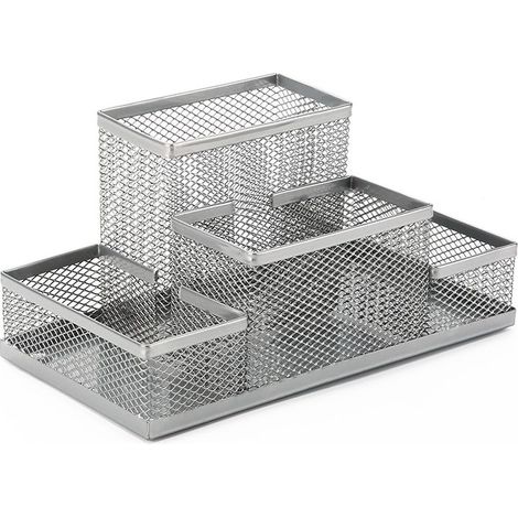 Multifunktionaler Schreibtisch-Organizer aus Metall mit Stiftehalter, verschiebbarer Schublade aus Netzgewebe und Aufbewahrungsbox für Schreibwaren für das Homeoffice (silber) (1/5)