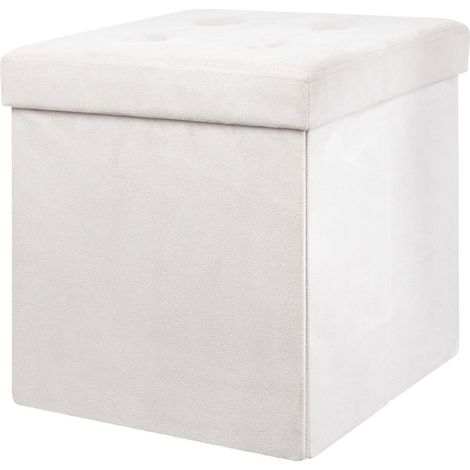 PAULA - Pouf-Coffre Pliable Capitonné Suédine Blanc (1/4)