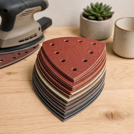 Lot de 60 feuilles abrasives triangulaires 105x152mm – Assortiment de grains P40/60/80/120/180/240 – Fixation rapide pour ponceuses mouse delta (1/5)