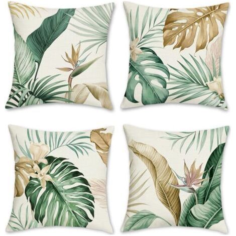 4 Pieces Tropical Leaves Cushion Cover 45 x 45 cm Leaf Brown Green Decorative Pillowcase for Sofa Home Garden Outdoor Summer Decoration (1/5)