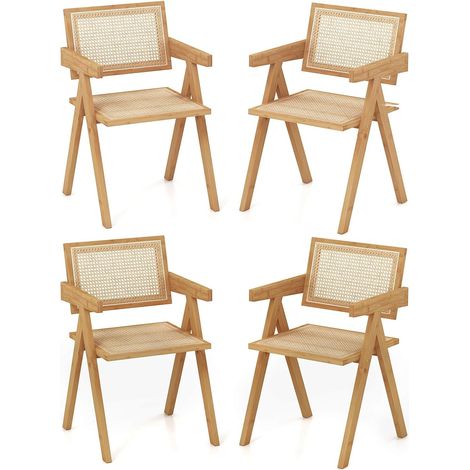 COSTWAY Set di 4 Sedie in Bambù 50 x 52 x 81cm, Sedie da Cucina Moderno con Schienale Ergonomico in Rattan, 4 Piedini in Feltro e Braccioli, Poltrone per Sala da Pranzo, Soggiorno e Ristorante (4)
