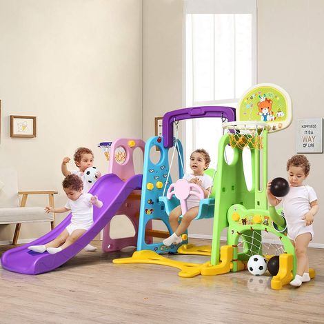 COSTWAY 6 in 1 Kinder Spielplatz, Kinder Rutsche & Schaukel & Basketballkorb & Fussballtor & Wurfspiel & Schreibzone fuer Outdoor und Indoor, Kinderrutsche fuer Kinder von 3-8 Jahren
