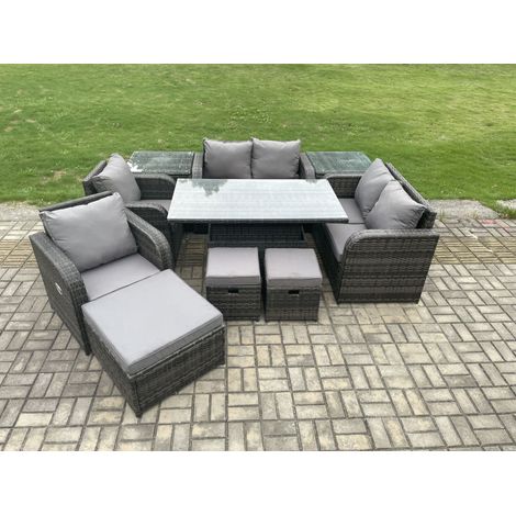 Fimous PE Rotin Meubles De Jardin Ensemble Extérieur Hauteur Réglable Table À Manger Levante Chaises Inclinables Amour Canapé Tables D’appoint 3 Tabourets De Pied (1/5)