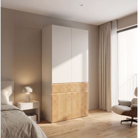 Armadio guardaroba 90x50x200 cm, 4 ante, asta appendiabiti e cassetto, MDF e pannello truciolare, rovere chiaro e grigio (1/5)
