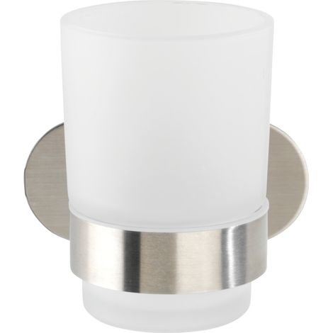 WENKO Porte Brosse à dent mural Uno Orea, Gobelet Salle de bain mural, fixation sans perçage Turbo-Loc®, Acier inox - verre satiné, 10x9,5x10 cm, Mat (1/5)