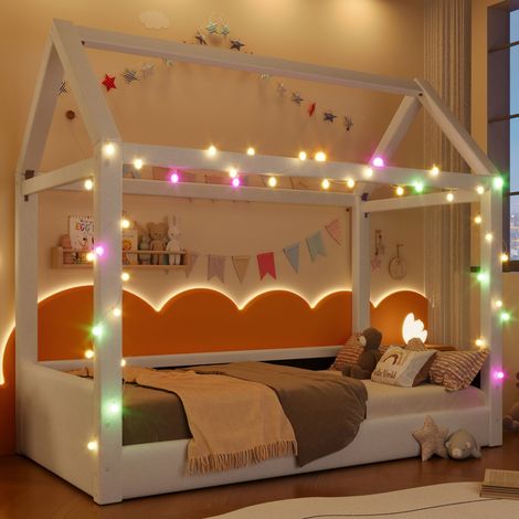Cama infantil tapizada de lino y MDF beige 90x200 cm con luces LED y somier de láminas (1/5)