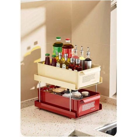 Scaffale da cucina a due livelli, organizer multifunzionale per barattoli di spezie, porta spezie per bottiglie e tazze, organizer per spezie da appoggio, colore bianco. (1/4)