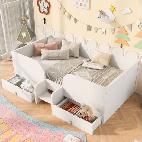 Cama infantil multifuncional 203.6x94x66 cm, con dos cajones grandes, escalera de seguridad, MDF blanco (1/5)