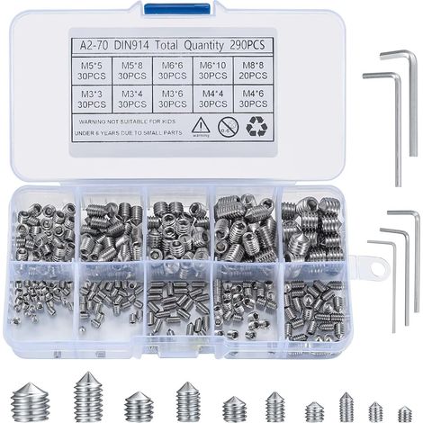 290 Pièces Vis Sans Tête Hexagonale,à Tête Conique, M3/M4/M5/M6/M8 Vis Sans (1/5)