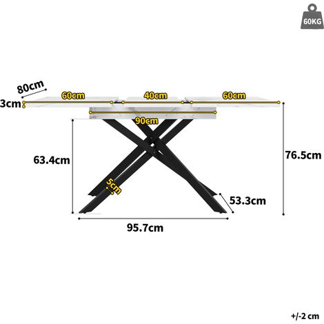 Table à manger extensible et télescopique (120-160 cm), table de cuisine compacte gain de place, piètement croisé en métal noir, plateau marbre blanc, idéale pour séjour et cuisine (1/5)