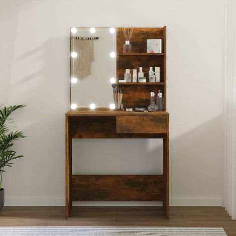 Coiffeuse avec miroir LED et rangement, bois d’ingénierie, chêne marron, 74,5 x 40 x 141 cm - PANGIVO (1/5)