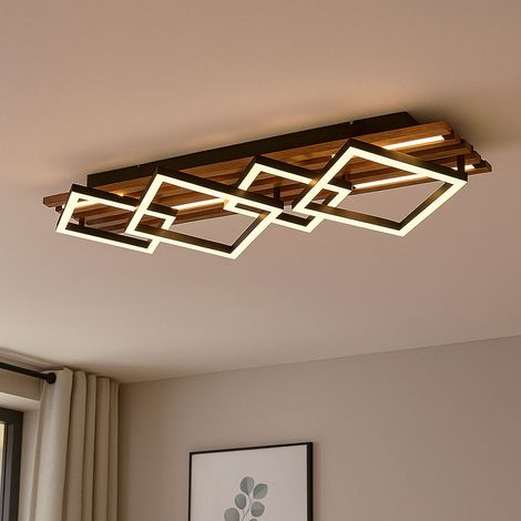 Plafoniera LED in legno da soggiorno lampada da soffitto quadrata, MDF in metallo, 42W 2160Lm bianco caldo, LxLxH 82x31x9,5 cm