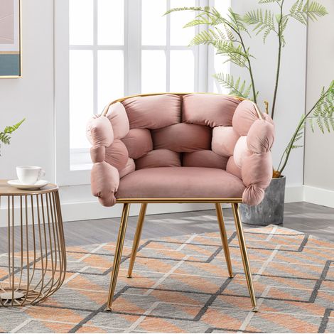 Silla tapizada de terciopelo, diseño tejido tridimensional, reposabrazos, estructura metálica dorada, rosa (1/5)