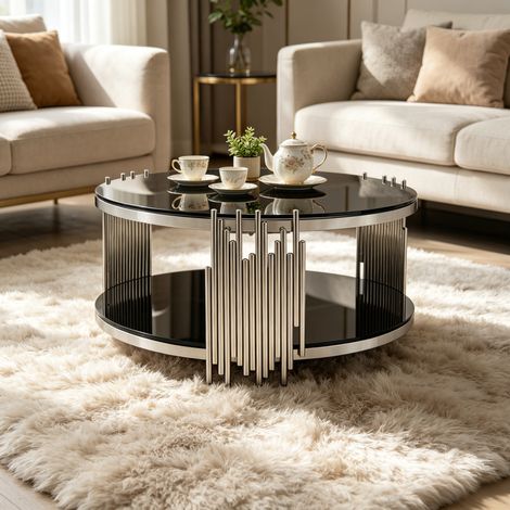 Table basse ronde 80 cm noire en verre trempé et acier inoxydable avec double plateau et montage facile (1/5)