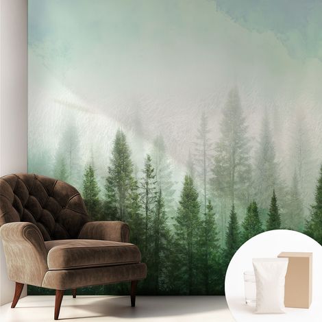 Papier peint intissé mural avec colle pour salon et chambre Décoration murale rapide - Colle incluse gratuite Loup dans la forêt 250x250 cm (1/5)