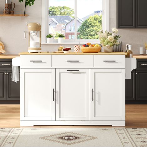 Isola cucina 136x75x92 cm, piano ribaltabile, 3 cassetti, vano rifiuti nascosto, MDF bianco naturale (1/5)