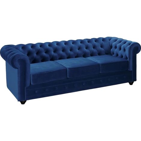 Vente-Unique – Canapé Chesterfield 3 places – Velours bleu roi 100% polyester – Dossier capitonné – Longueur 205 cm – Charge max 360 kg (1/5)